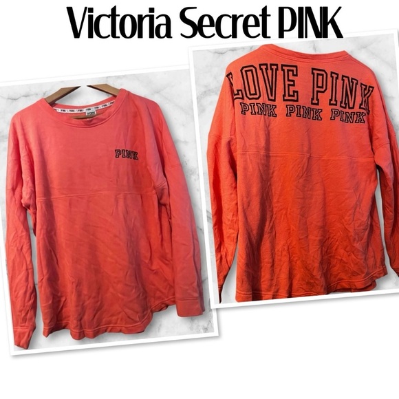 PINK Victoria's Secret Tops - Pink Victoria Secret Oversized LOVE PINK Orange Long Sleeve Top Sz M Ladies